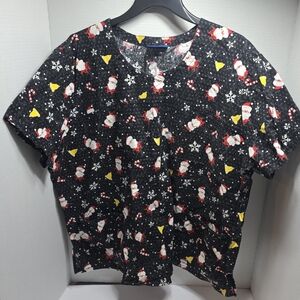 Festive Santa Print Women's Black Scrub Top